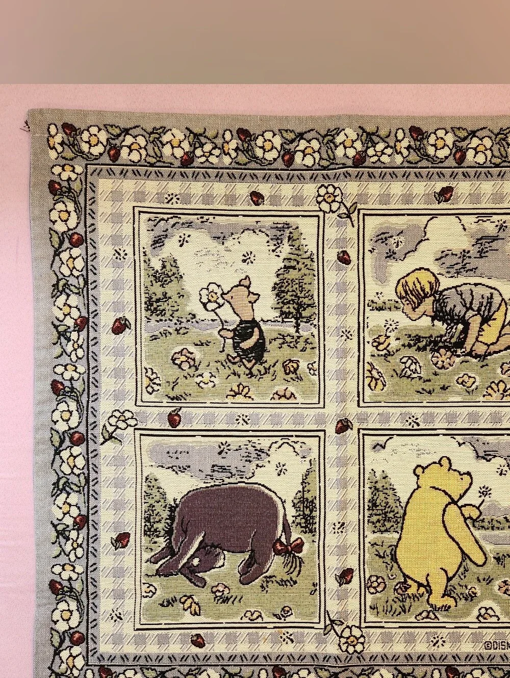 Vintage 90s Disney Winnie the Pooh Daisy Chains Woven Tapestry 27×27
